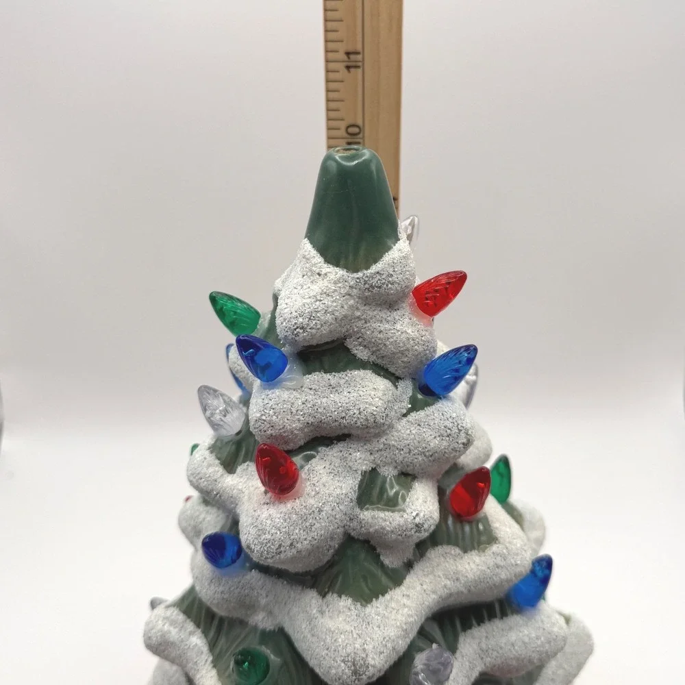 Ceramic Mold Light Up Flocked Christmas Tree Green Red 10.5 inch
